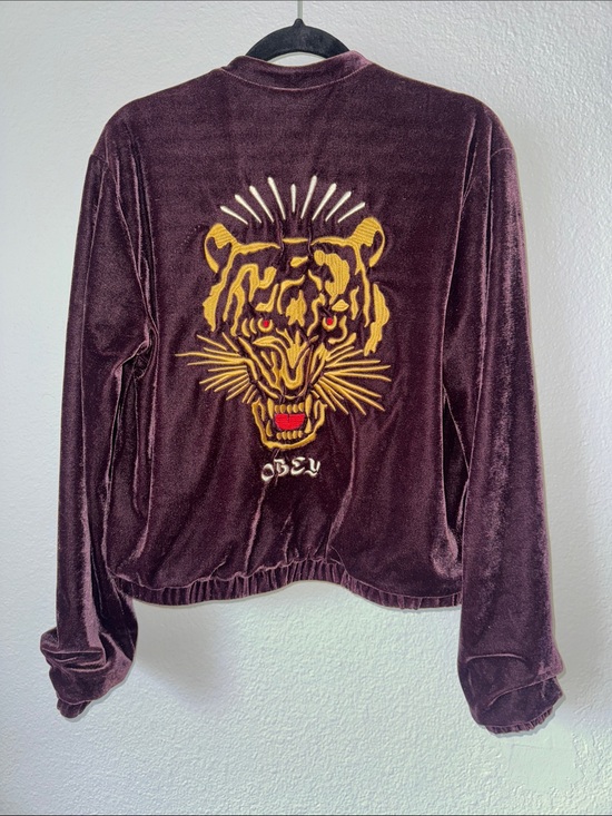 Obey Jackets & Blazers - Obey Velvet Jacket with Gold Tiger Embroidery in Deep Plum